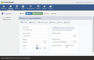Course - General tab The General tab on the Course form is the default view which appears when you
open a Course record. Here you can enter the Course Title, Number, Category,
Credits, Status, and default values used when creating Class Session records.