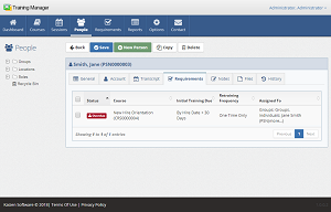 Course - Requirements tab The Requirements tab on the personnel form displays the list of training requirements
assigned to the person.