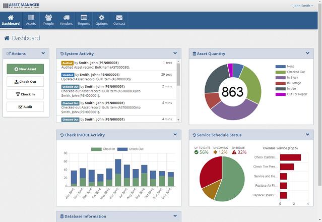 Asset Dashboard View asset activity, service status, and action shortcuts.
