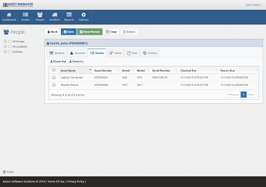 Personnel - Assets tab The Asset tab on the Personnel form displays a list of assets checked out for this person.
