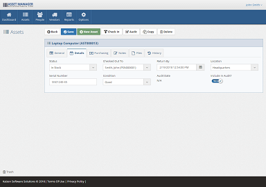 Asset - Detail tab The Details tab tracks Location, Status, Who it's checked out to, Serial Number, Condition, Return Date, Last Audit Date, and whether to include it in the audits.