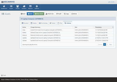 Asset - History tab The History tab keeps track of Check In/Check Out actions, record updates, and more.