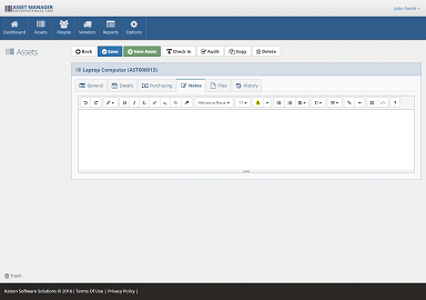 Asset - Notes tab You can enter rich text notes on the Notes tab.