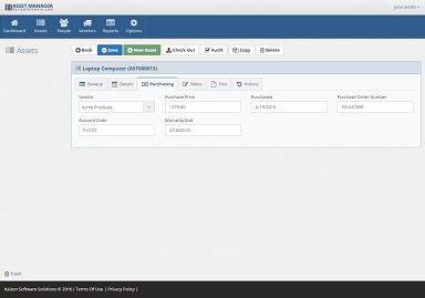 Asset - Purchasing tab The Purchasing tab includes all purchasing information such as Vendor, Purchase Date, Price, and more.